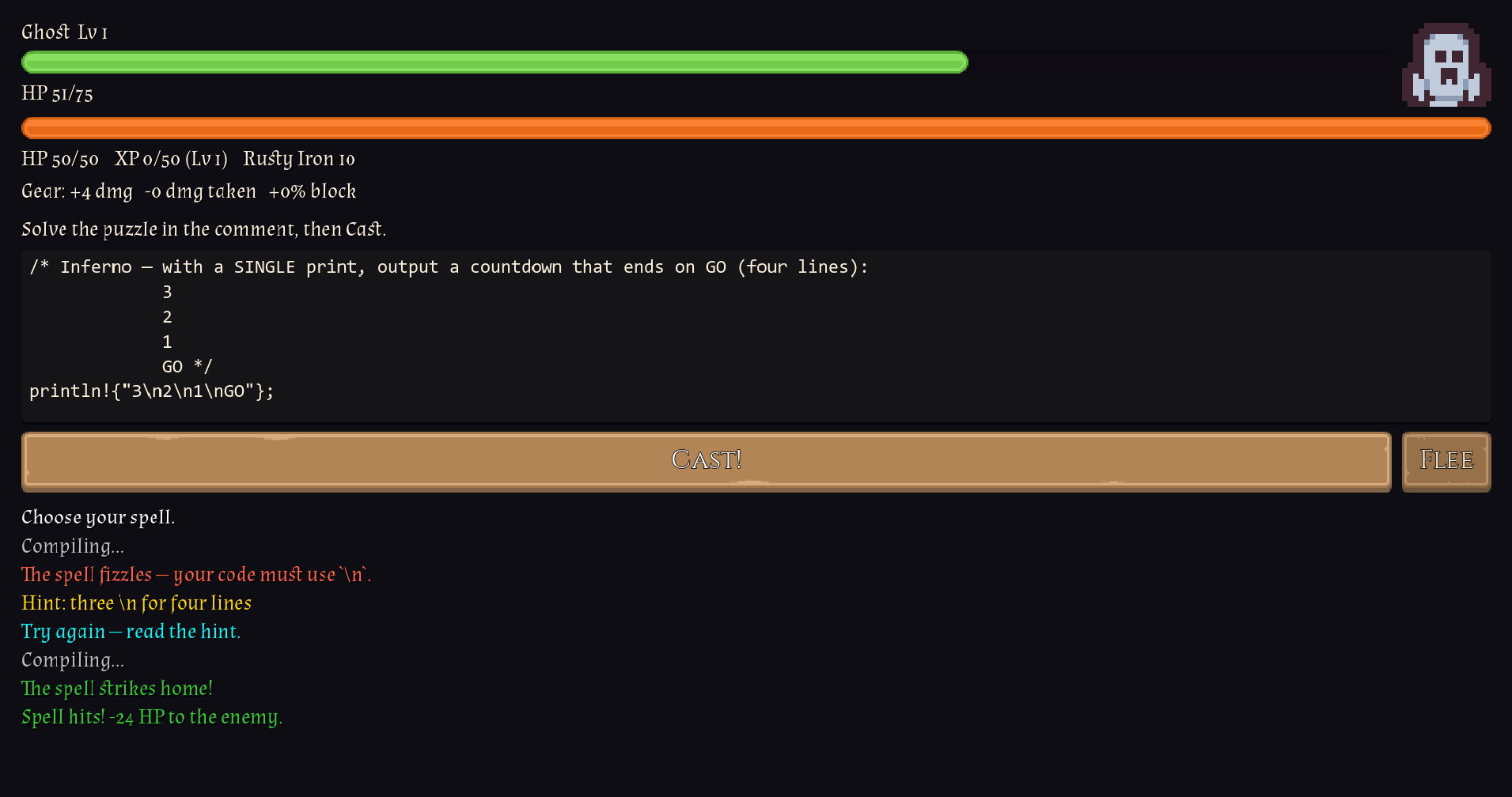 Combat screen: a Rust puzzle in a comment, the player's code, and the compiler's verdict