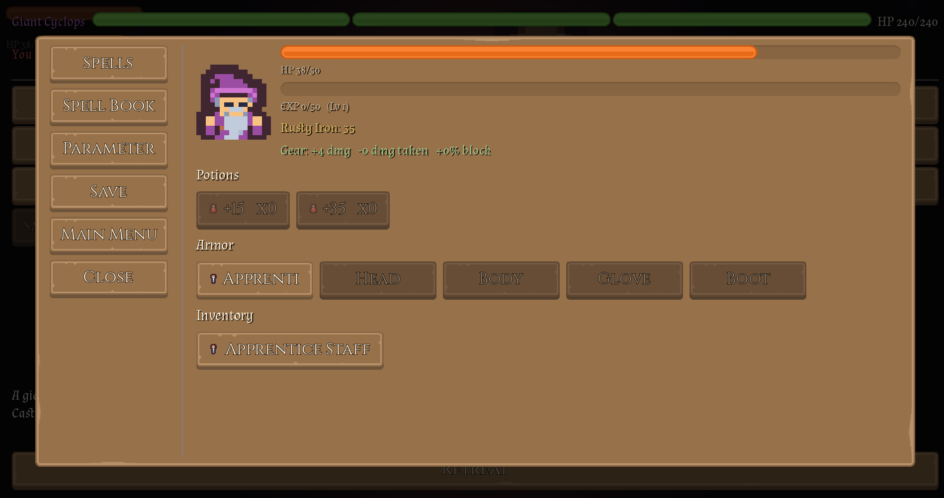 Character panel showing equipment slots and inventory